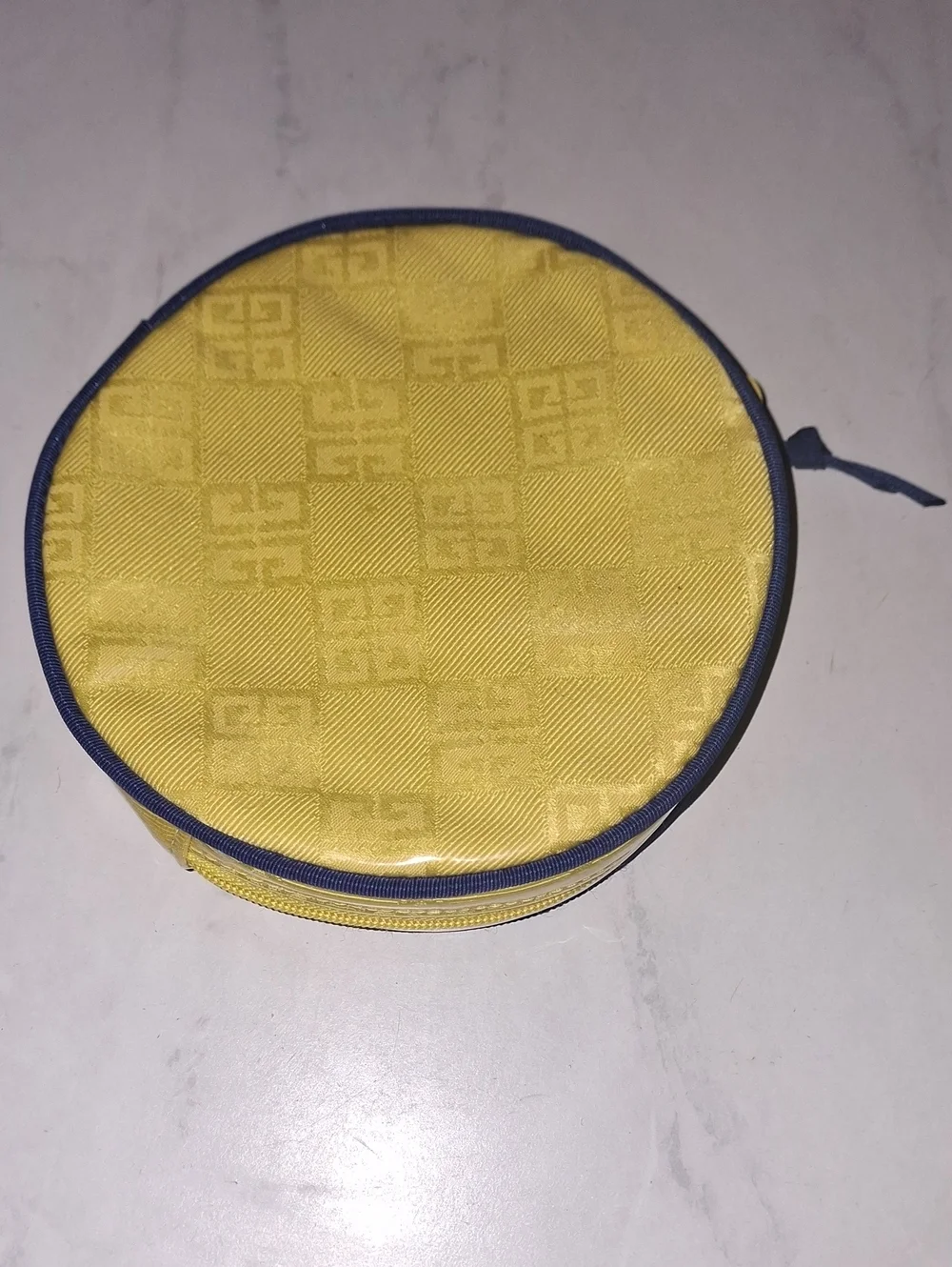 Amarige de Givenchy Vintage round yellow and navy cosmetic zip pouch
